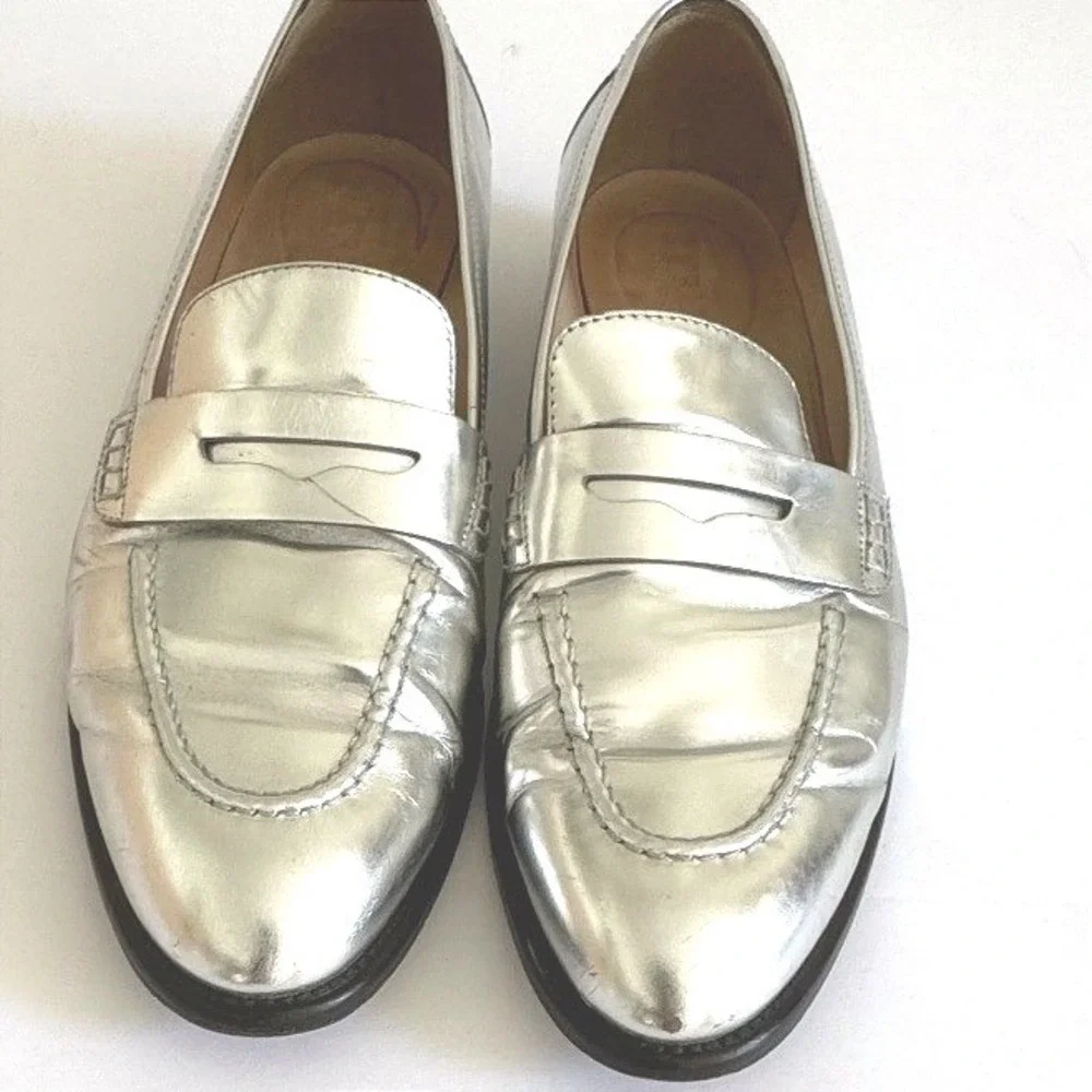 J.Crew Penny Loafers Size 9 Silver Metallic Leather Made in Italy Dark Academia